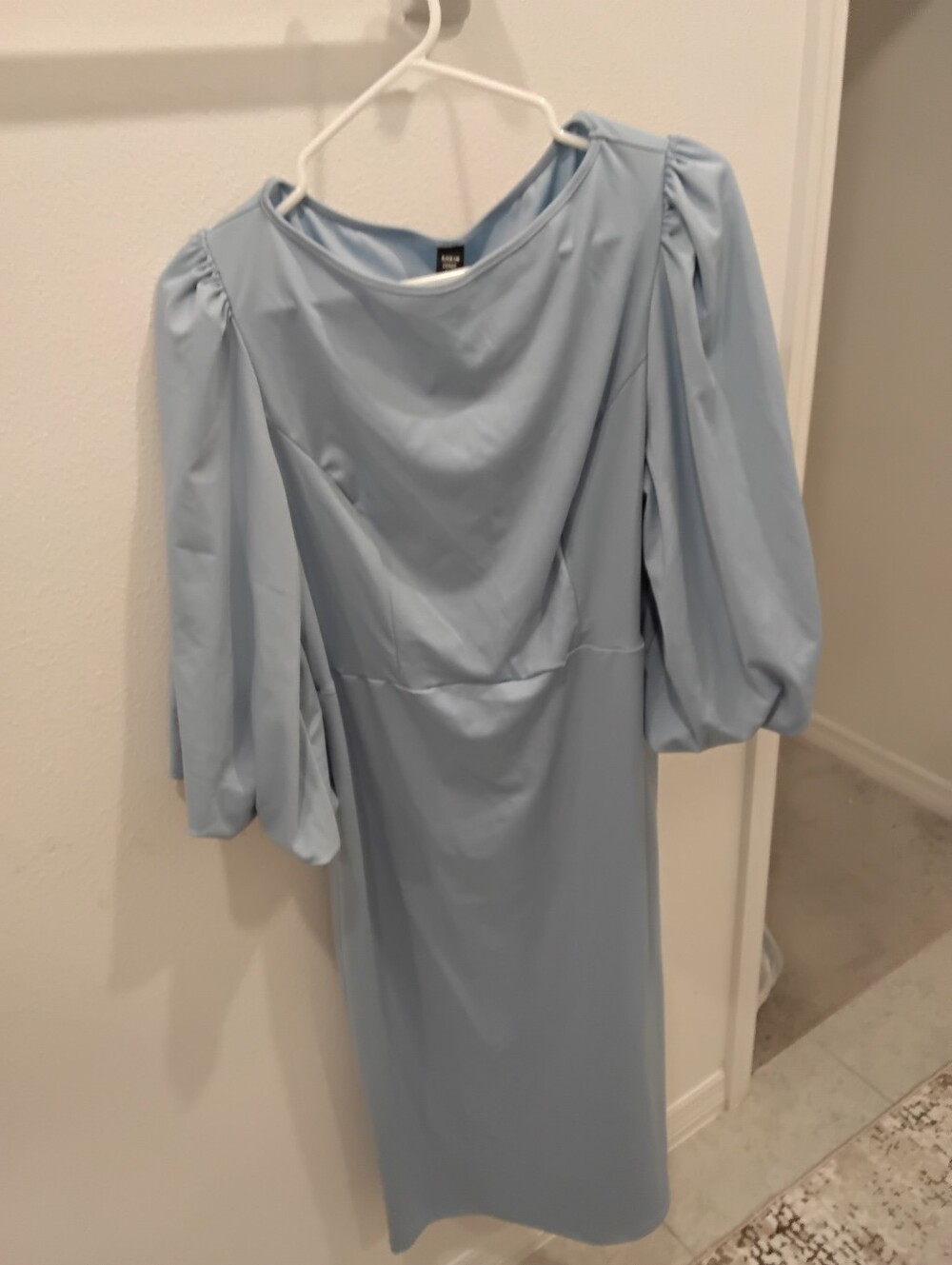 Pale Blue Puff-Sleeve Midi Dress with Draped Neckline